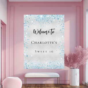 Poster Bienvenue fête d'anniversaire paillettes bleu arge