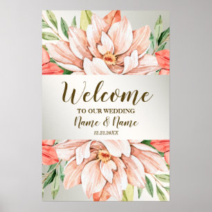 Poster Bienvenue Fête de Mariage Fleurs Feuilles Orange P