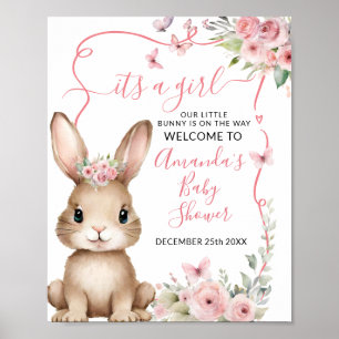 Poster Bienvenue Fille Baby Shower Lapin Mignon Floral Ro