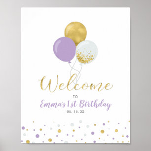 Poster Bienvenue Fille Ballons Or & Violet 1er Anniversai