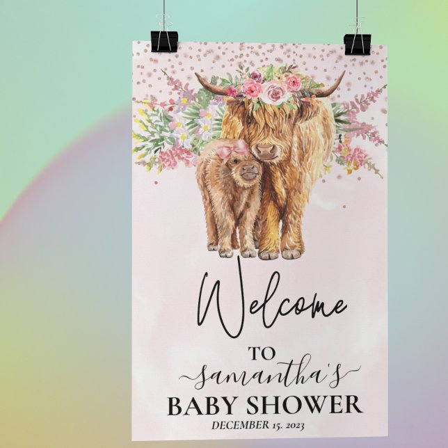 Poster Bienvenue Fille Rose Haut-Baby shower de Vache de  (Créateur téléchargé)