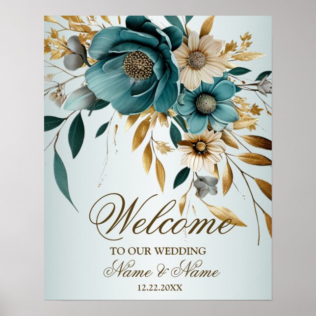 Poster Bienvenue Fleur blanche Turquoise Feuilles d'or (Devant)