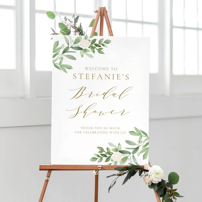 Poster Bienvenue Fleurs Blanches Verdure Or Mariage (Créateur téléchargé)
