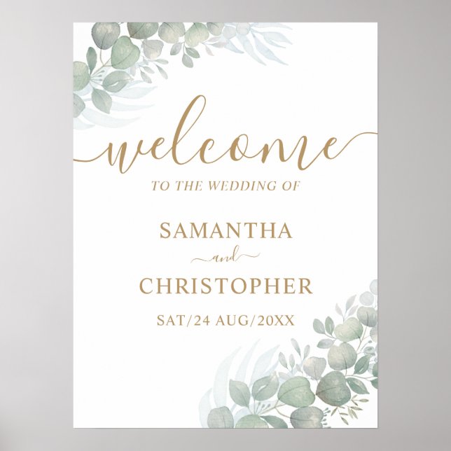 Poster Bienvenue Gold Calligraphy & Eucalyptus Mariage Fo (Devant)