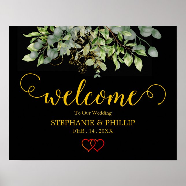 Poster Bienvenue Green Eucalyptus Foliage Mariage noir (Devant)