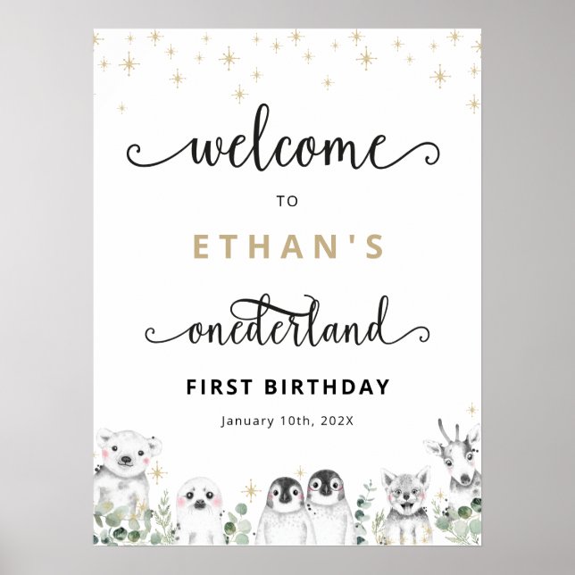 Poster Bienvenue hiver sur terre Animaux Anniversaire (Devant)