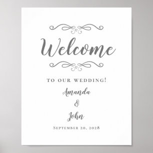 Poster Bienvenue Mariage Calligraphie Élégante Gris Blanc