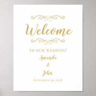 Poster Bienvenue Mariage Calligraphie Élégante Or & Blanc