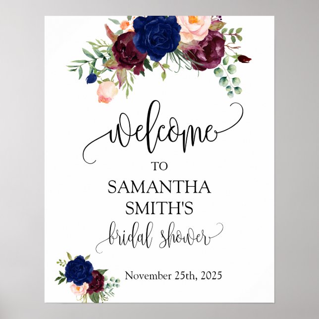 Poster Bienvenue mariage civil bleu marine marsala floral (Devant)