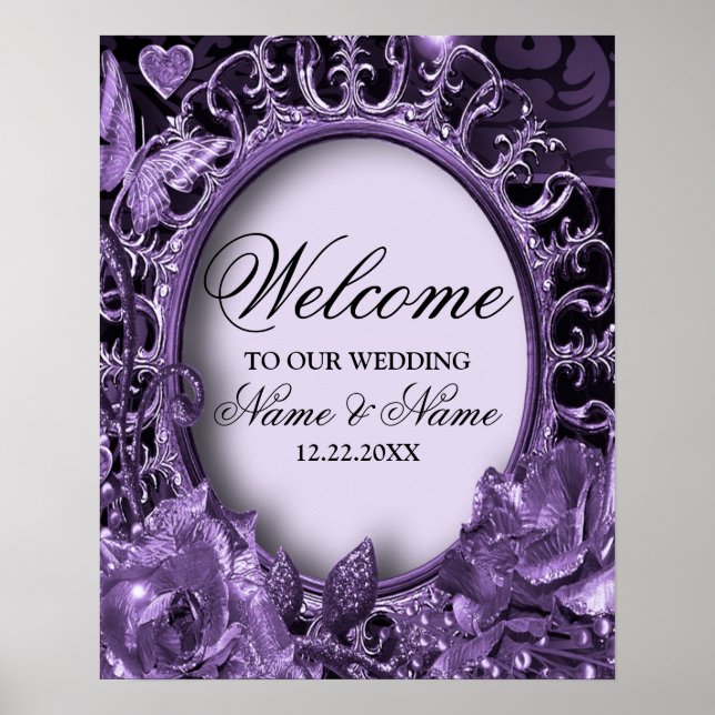 Poster Bienvenue Mariage Fête Cadre Floral Violet Élégant (Devant)