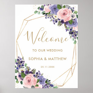 Poster Bienvenue Mariage Fleurs Roses Lavande Rose Pâle