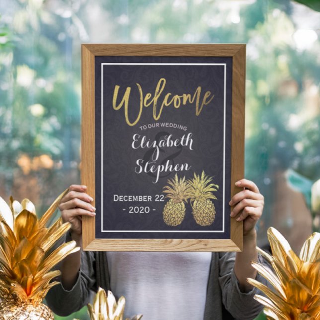 Poster Bienvenue Mariage Golden Pineapple Couple Bleu Nui (Créateur téléchargé)
