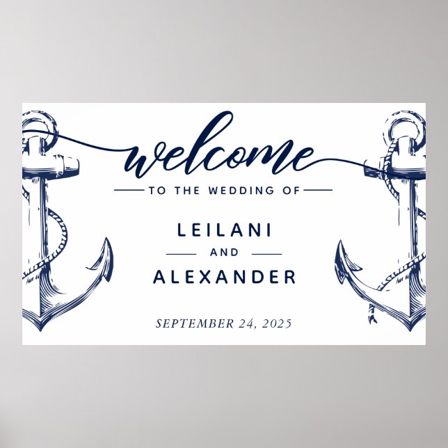 Poster Bienvenue Mariage nautique Ancre blanche (Devant)
