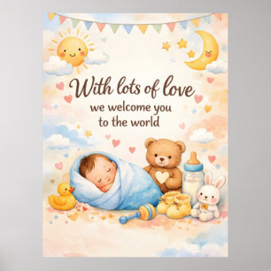 Poster Bienvenue nouveau-né aquarelle avec Teddy