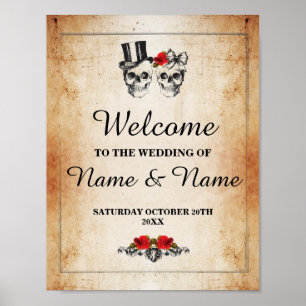 Poster Bienvenue Panneau Crâne Rustique Halloween Mariage