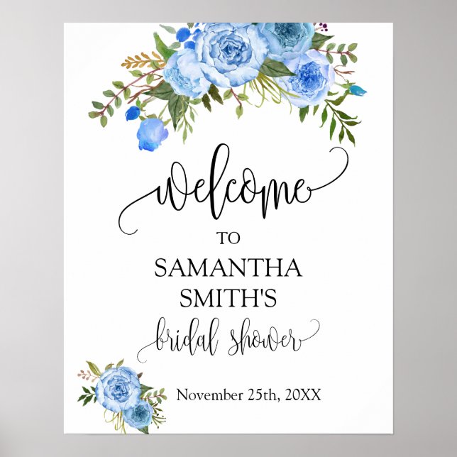 Poster Bienvenue panneau de mariage floral bleu Fête de m (Devant)