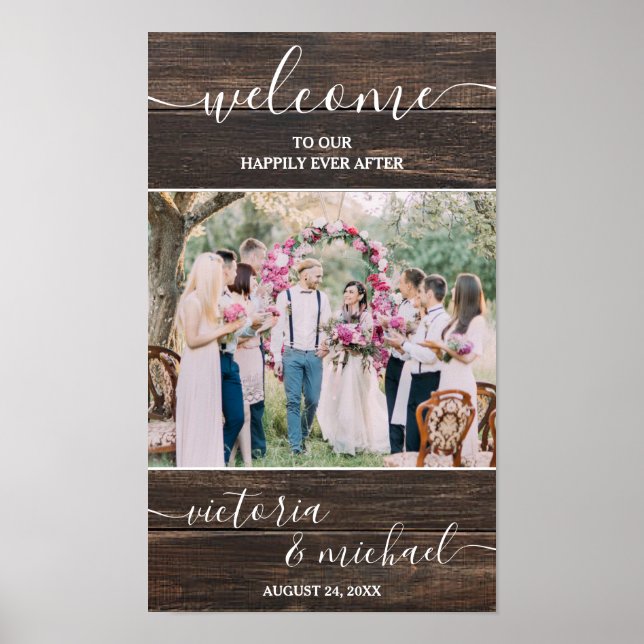 Poster Bienvenue photo de mariage moderne en bois rustiqu (Devant)