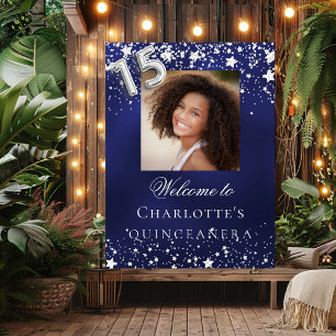 Poster Bienvenue photo Quinceanera étoiles bleues argenté