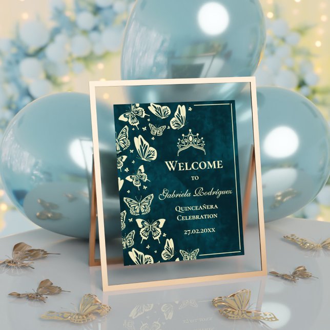 Poster Bienvenue pour les 15 ans de Quinceañera Vert Émer (Emerald Green 15th Birthday Quinceañera Welcome Poster)