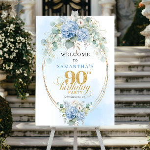 Poster Bienvenue pour les 90 ans Fleurs aquarelles bleu c