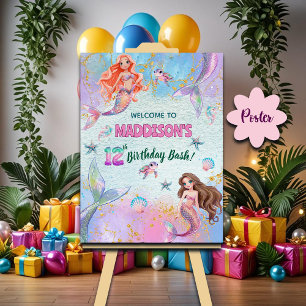 Poster Bienvenue pour les Mermaides Paillettes Rose Viole