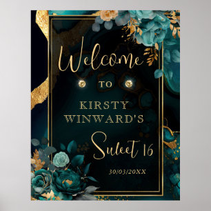 Poster Bienvenue pour un Sweet 16 de luxe avec des fleurs