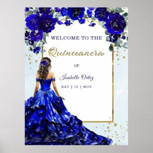 Poster Bienvenue Quinceañera Bleu Royal et Or