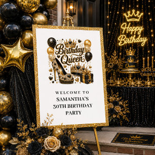 Poster Bienvenue Reine Anniversaire Confettis Noir Or Mod