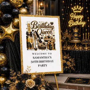 Poster Bienvenue Reine d'Anniversaire Confettis Noir Doré