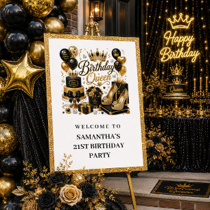 Poster Bienvenue Reine d'Anniversaire Paillettes Noir Élé