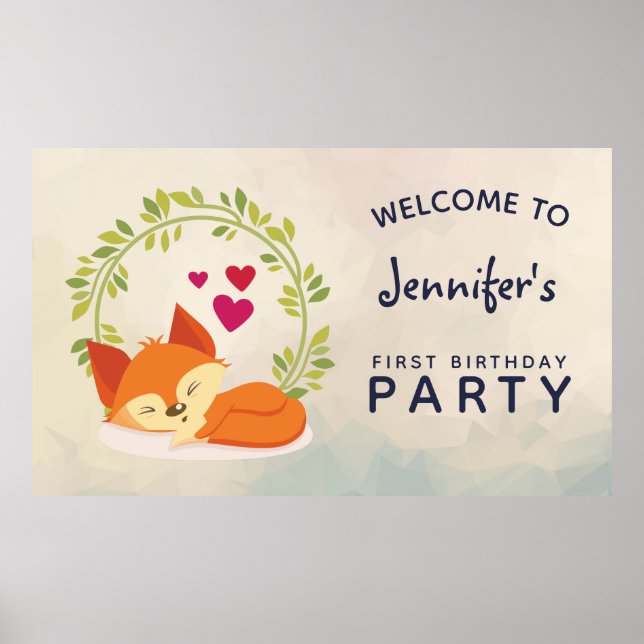 Poster Bienvenue Renard d'anniversaire avec les coeurs (Devant)