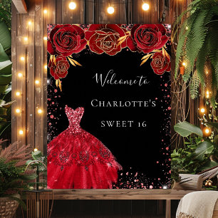 Poster Bienvenue robe noire rouge fleurs Sweet 16