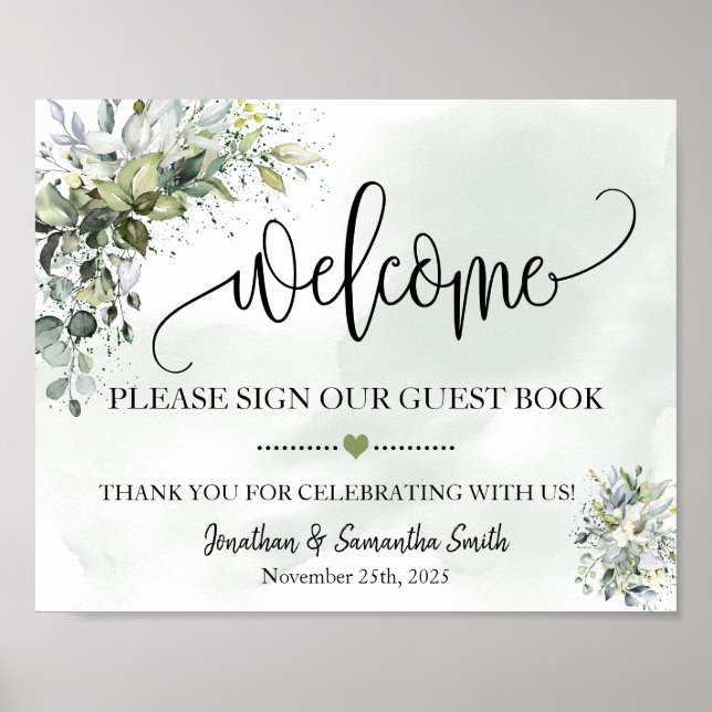 Poster Bienvenue signer notre livre d'hôtes mariage eucal (Devant)