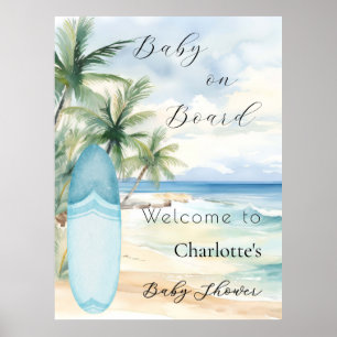 Poster Bienvenue sur le Baby Shower Baby on Board surfboa