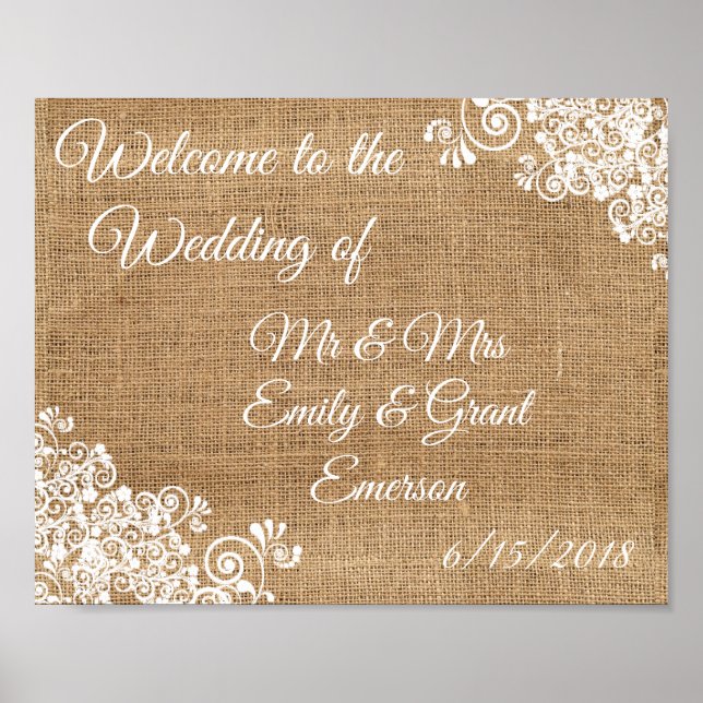 Poster Bienvenue sur mesure au Mariage de Rustic Burlap (Devant)