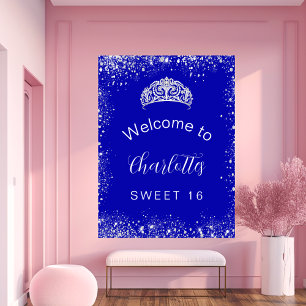 Poster Bienvenue Sweet 16 bleu royal paillettes argentées