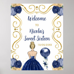 Poster Bienvenue Sweet Sixteen Princesse Blonde Bleu Mari