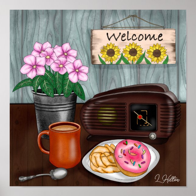 Poster Bienvenue, tournesols, beignets et café (Devant)
