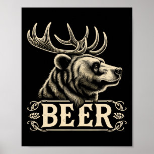 Poster Bière Amusante Design Vintage Ours Avec Antlers De