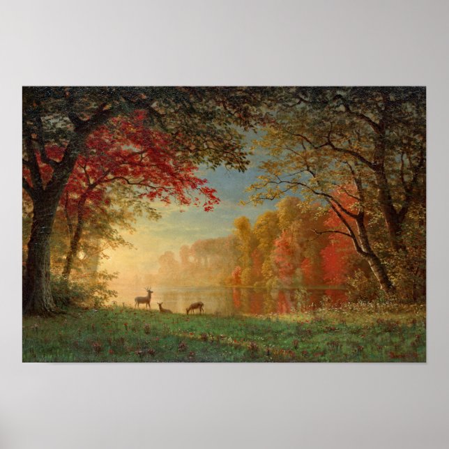 Poster Bierstadt Coucher de soleil Deer Lake Peinture (Devant)