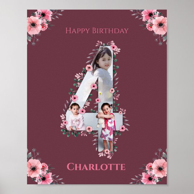 Poster Big 4th Birthday Girl Photo Collage Fleur rose (Devant)