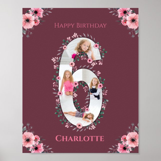 Poster Big 6th Birthday Girl Photo Collage Fleur rose (Devant)