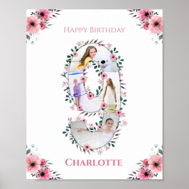 Poster Big 9th Birthday Girl Photo Collage Fleur rose (Devant)