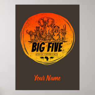 Poster Big Five of Africa Safari Eléphant Vintage, Lion