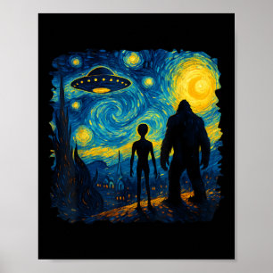 Poster Bigfoot Alien Ufo Van Gogh Nuit Étoilée Sasquatch 