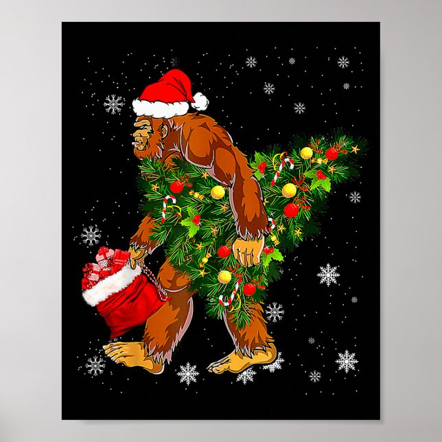 Poster Bigfoot Carrying Christmas Tree Sasquatch Believer (Devant)