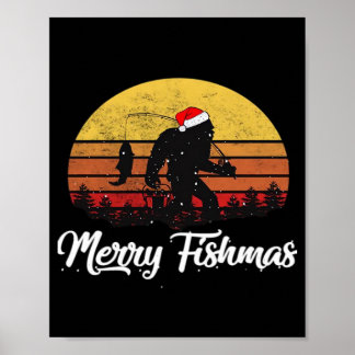 Poster Bigfoot Christmas Santa Hat Merry Fishmas Vintage