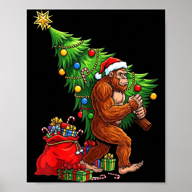 Poster Bigfoot Christmas Tree Xmas Lights Funny Sasquatch (Devant)