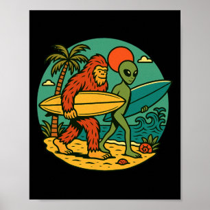 Poster Bigfoot et alien surfant sur l'art de plage vintag