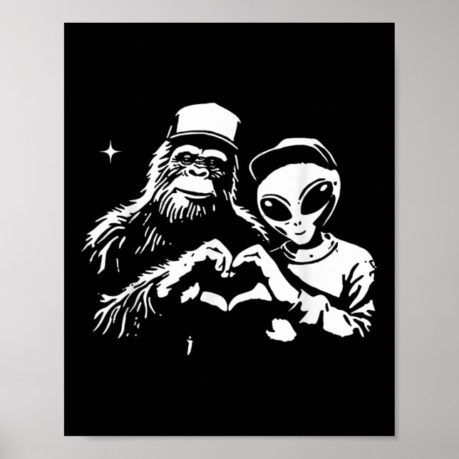 Poster Bigfoot Et Coeur Alien Mains Drôle Valentines Gros (Devant)